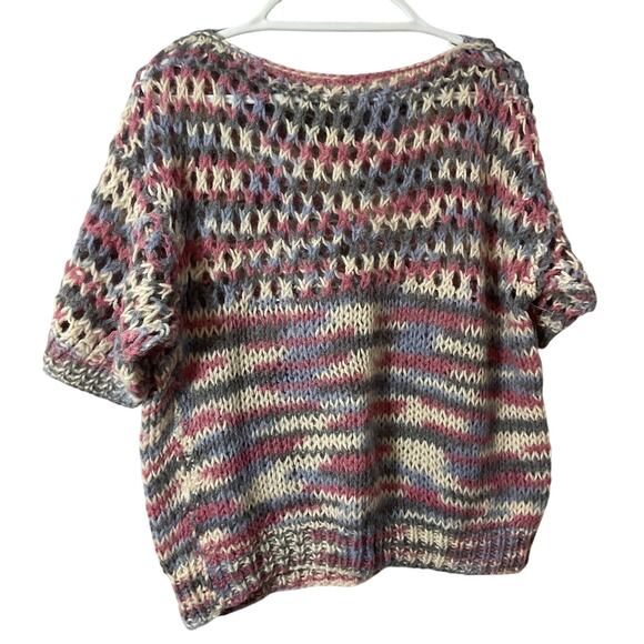 90’s Women’s Hand Knitted / Crocheted SS Sweater Chunky Knit Medium Crop - Picture 2 of 6
